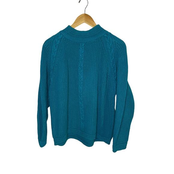 VTG Teal Fisherman's Sweater Joan Harper Cotton Mock Turtleneck Cable Knit Warm - Picture 1 of 7